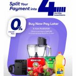 Carrefour Qatar "PayLater" promotion banner, offering 4 monthly installments at 0% interest on purchases of QAR 300 or more.
