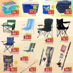 Outdoor camping gear, cooler boxes, and beach chairs at Family Food Centre.
