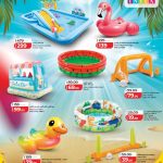 Intex inflatable adventure play centers, flamingo islands, and pool water volleyball games on sale at LuLu Hypermarket.