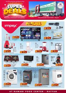 Promotional flyer for "Super Deals" at Rawabi Food Center in Rayyan, showcasing a variety of discounted Impex home appliances, including TVs, washing machines, refrigerators, and kitchen gadgets, valid from April 21 to April 30, 2026.
