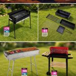Small foldable BBQ stands and portable grill units for budget camping.