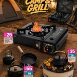 Portable gas stoves and camping cookware set with a BBQ grill stand.