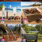 Camping light set, wagon trolley, folding majlis mat, and portable grill tray.