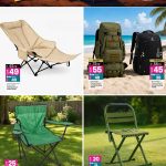 Folding beach chairs, camping backpacks, and outdoor folding stools.