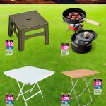 Various folding tables and outdoor cooking sets for camping.