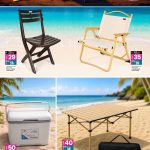 Folding beach chairs, a 13L ice cooler box, and a portable camping table with a carrying bag.