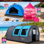 Automatic 4-person camping tent, pink kids' play tent, and a large foldable outdoor tent.