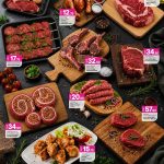 Selection of fresh marinated BBQ meats including beef steaks, chicken drumsticks, and lamb chops.