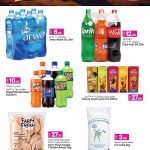 Bottled water, assorted soft drinks, fruit juices, frozen chicken breast, and bags of ice cubes.