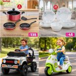 Home and toy offers: Tefal Cookware Set, Opalware Dinner Set, and Electric Toy Jeep and Bike.