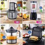 Ansar Gallery kitchen appliance deals: Hamilton 2-in-1 Chopper, Sanford Blender, Sanford Citrus Juicer, and Geepas Grill Maker.