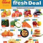Grand Hypermarket fresh produce flyer page showing discounted rates for fresh fruits, local Qatar vegetables, and ready-to-eat bakery items.