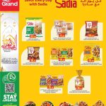 Sadia frozen chicken products pricing leaflet at Grand Hypermarket including chicken strips, franks, and large family packs.
