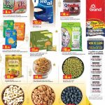 Grand grocery flyer showing retail pricing for Real white sugar, Q Tella chocolate spread, basmati rice, dates, and raw nuts.