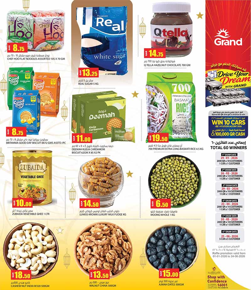 Grand grocery flyer showing retail pricing for Real white sugar, Q Tella chocolate spread, basmati rice, dates, and raw nuts.
