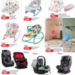 Nursery essentials including baby rockers, car seats, and portable beds at discounted prices.