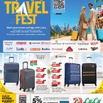 LuLu Hypermarket Travel Fest 2026 promotion featuring luggage brands like Delsey, American Tourister, and Carlton.