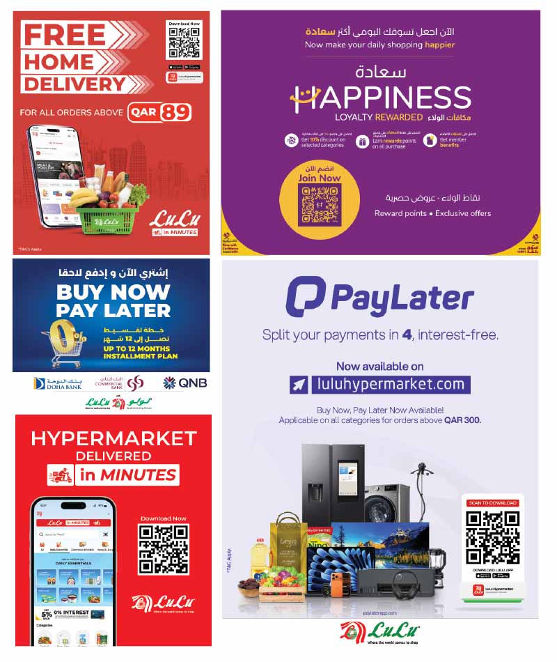 LuLu Hypermarket online shopping services including free home delivery, Happiness loyalty rewards, and PayLater installment plans