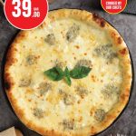 Freshly cooked Quattro Formaggi four cheese pizza at Monoprix.