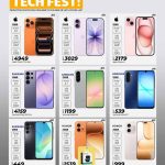Al Rawabi Electronics Qatar Ultimate Tech Fest promotion flyer Page 1 featuring latest Apple iPhone, Samsung Galaxy, and Honor smartphones with prices.
