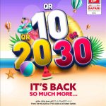 Safari Hypermarket 10 20 30 QR promotion flyer with beach theme.