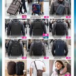 Travel gear promotion at Ansar Gallery featuring adult backpacks, kids trolley bags, side bags, and neck pillows.