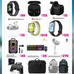 Smart wearables and audio tech accessories deals at Ansar Gallery featuring Samsung Fit 3, Huawei Fit 5, Green Lion earbuds, and gaming keyboards.