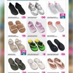 Affordable summer footwear collection flyer displaying men's sneakers, women's running shoes, kids' sound shoes, and assorted casual slippers.