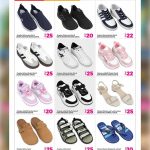 Discount footwear catalog page featuring men's running shoes, ladies' sneakers, kids' cartoon shoes, high heels, and casual sandals.