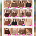 Ansar Gallery ladies handbags catalog page showcasing a wide assortment of shoulder bags, totes, backpacks, and party clutches.