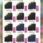 Travel luggage promotional flyer showcasing multi-size sets of soft shell and hard shell trolley bags in various colors.