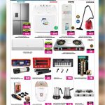 Home appliances and electronics flyer detailing refrigerators, washing machines, water dispensers, air conditioners, and kitchen tools.