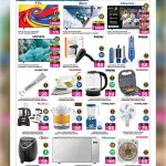 Electronics and small kitchen appliances promotional page featuring smart TVs, hair dryers, blenders, food processors, and air fryers.