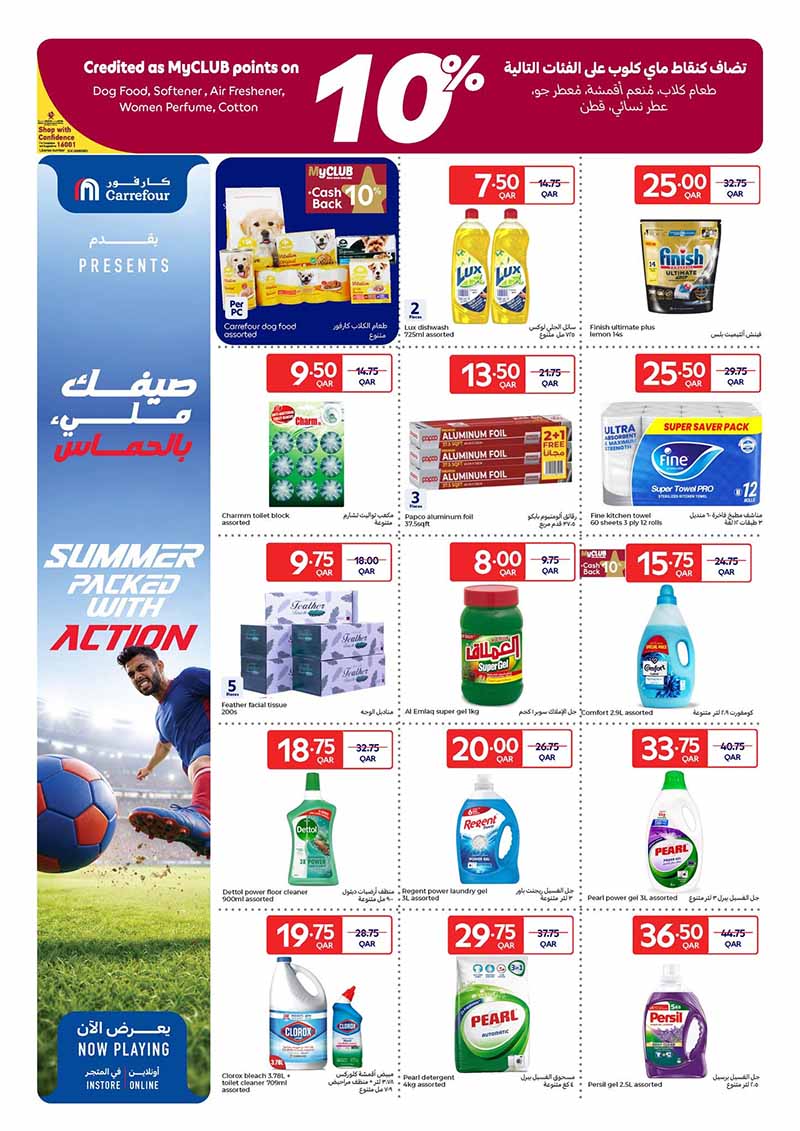 Carrefour household cleaning and dishwashing essentials promotional flyer with laundry detergents dish liquid and paper towels