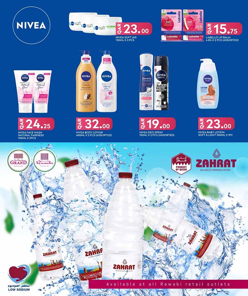 Rawabi Hypermarket skincare and beverage promotion featuring Nivea Soft cream, Nivea Body Lotion, Zahrat Low Sodium Drinking Water.