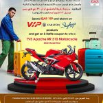 Safari Hypermarket E Raffle promotional poster featuring a red TVS Apache RR 310 motorcycle and luxury hardshell luggage bags