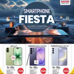 Safari Hypermarket Smartphone Fiesta promotion flyer featuring Apple iPhone 17, Samsung Galaxy S26 Ultra, and Galaxy S24 Plus 5G in Qatar