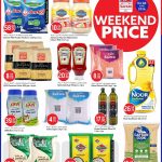 Cooking essentials and staple foods deal sheet featuring Anchor milk powder, Noor sunflower oil, and Basmati rice.