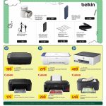 Al Meera promotions on Belkin wireless charging docks and power banks, alongside HP DeskJet, HP Smart Tank, and Canon Pixma printers.