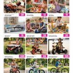 Toy promotion flyer displaying remote control cars doll play sets kids bicycles and outdoor ride on motor jeeps