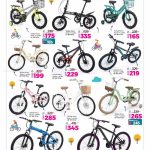 Retail flyer featuring a wide collection of colorful bicycles for kids and adults including folding bikes and mountain bikes