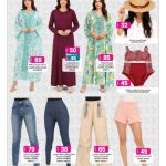 Women apparel promotional page showing colorful jalabiyas long modest dresses casual pants and sun hats