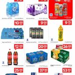 Carrefour beverage promotions showing mineral water, juices, soda, and Red Bull