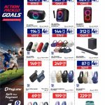 Audio equipment promotional layout featuring portable bluetooth speakers and wireless headphones