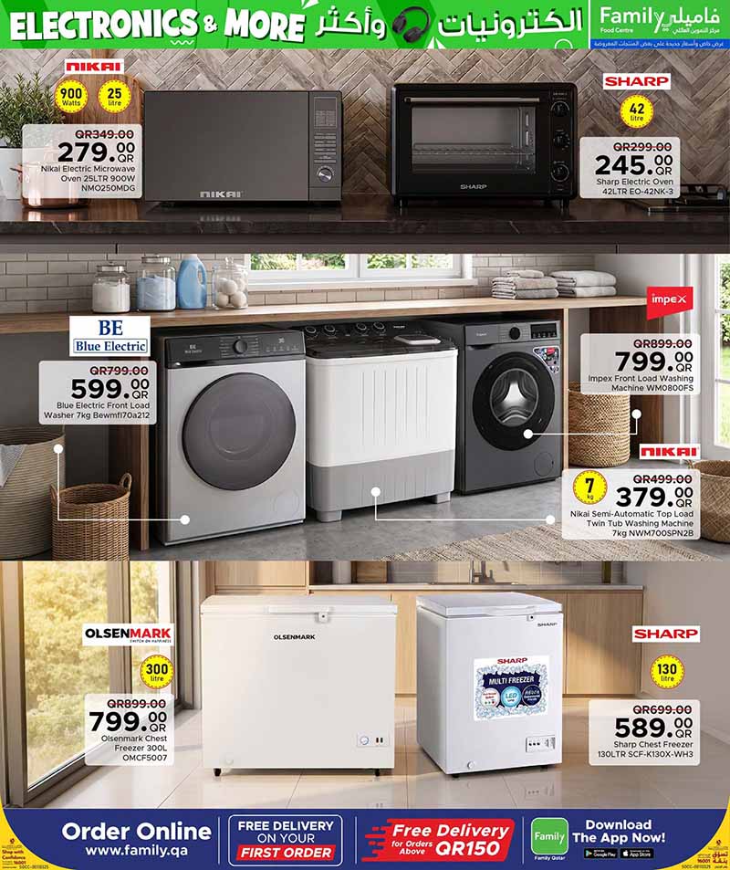 Family Food Centre Kitchen Appliances Leaflet featuring Nikai Microwave, Sharp Oven, Washing Machines, and Chest Freezers.