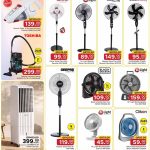 Home Cooling & Cleaning Equipment Leaflet featuring Symphony Air Cooler, Toshiba Vacuum, and Stand Fans.