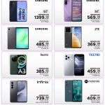 Smartphone and tablet deals including Samsung Galaxy A57 5G, ZTE, Redmi A3, and Tecno Spark at Family Food Centre Qatar.