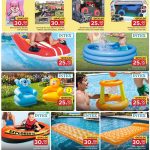 Intex inflatable pools, water ride-ons, toy cars, and baby blankets featured in Family Food Centre Qatar promotional deals