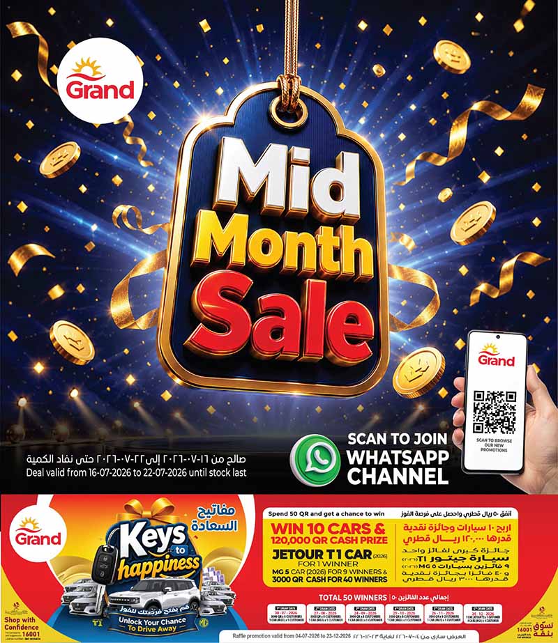 Grand Hypermarket Mid Month Sale promotional banner featuring raffle details for winning cars and cash prizes