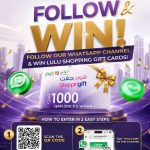 LuLu Hypermarket promotional graphic for a follow and win contest on their WhatsApp channel to win shopping gift cards
